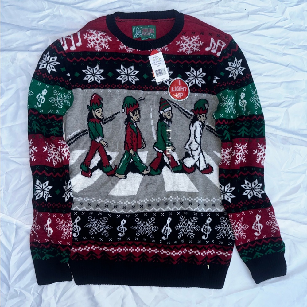 Ugly Christmas Sweater The Beatles Abbey Road Elves Size Small Pop Rock Music